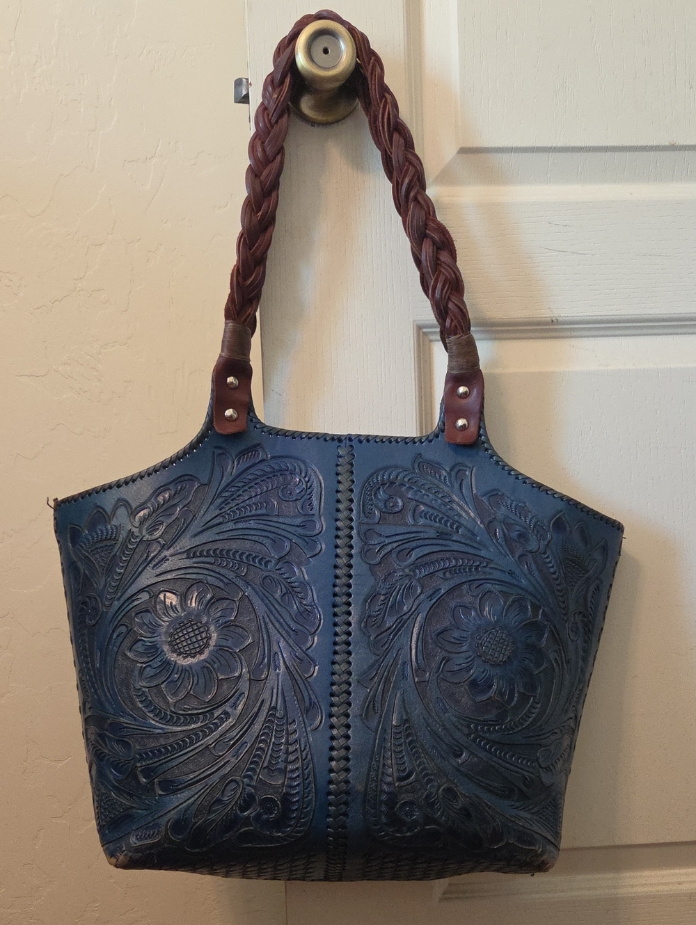 Hand-Tooled Floral Leather Tote Bag in Deep Blue with Braided Handles
